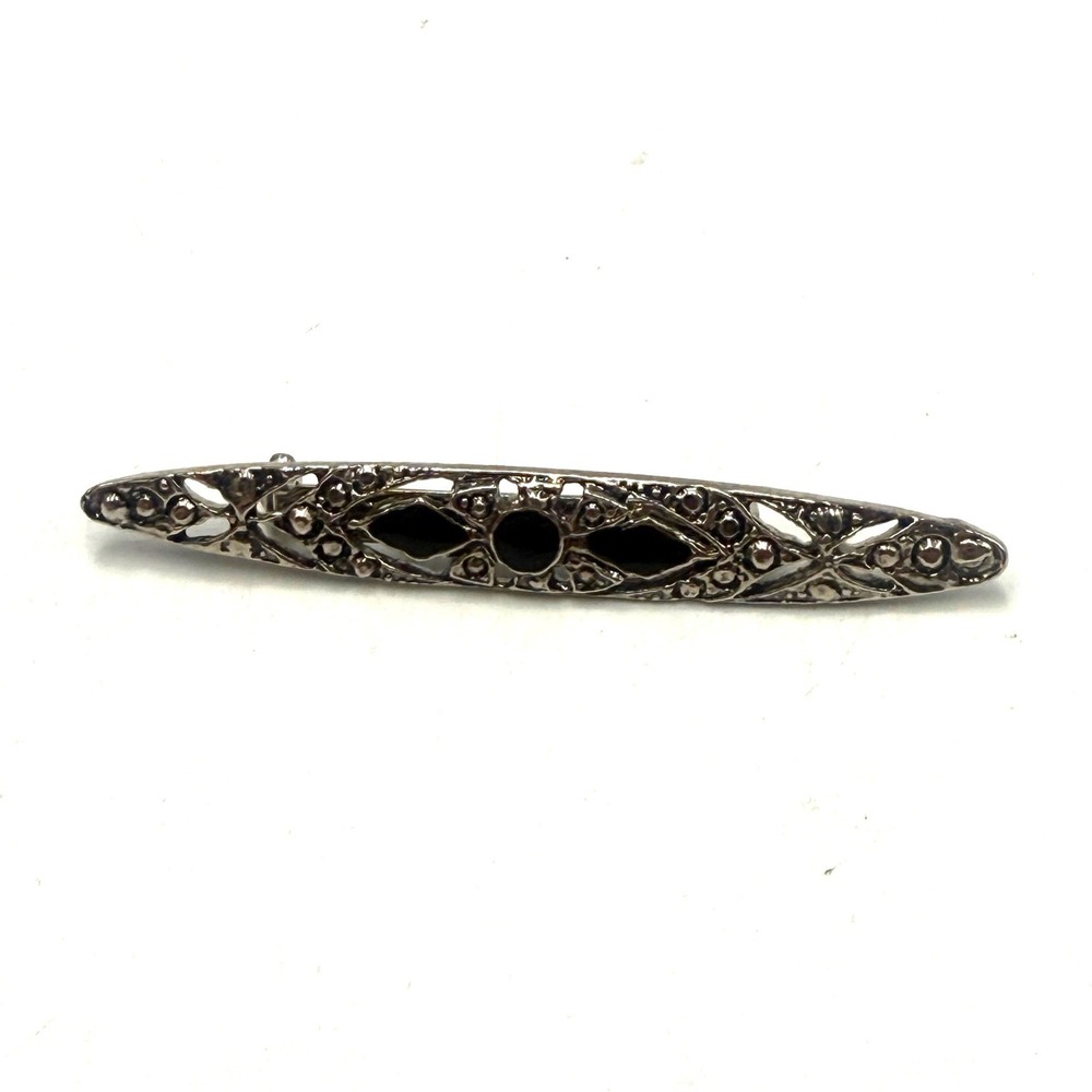 Vintage Silver Tone Black Stone Filigree Bar Brooch Pin Art Deco Style 2.75 Inch